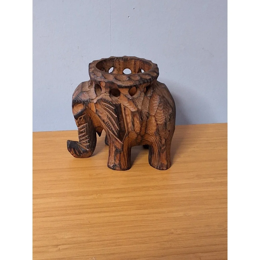 Hand Carved Wooden Elephant Trinket Candle Planter Holder‎